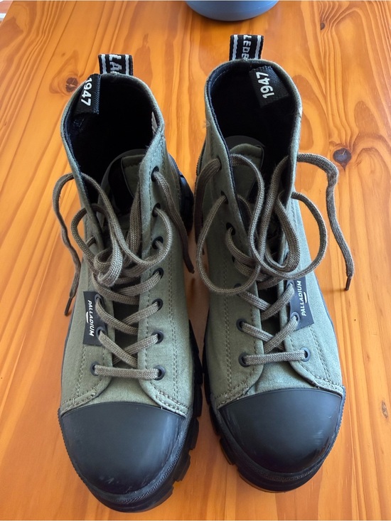 Palladium Shoes - Palladium Olive Green Canvas Lace-Up Boots with Black Toe Caps